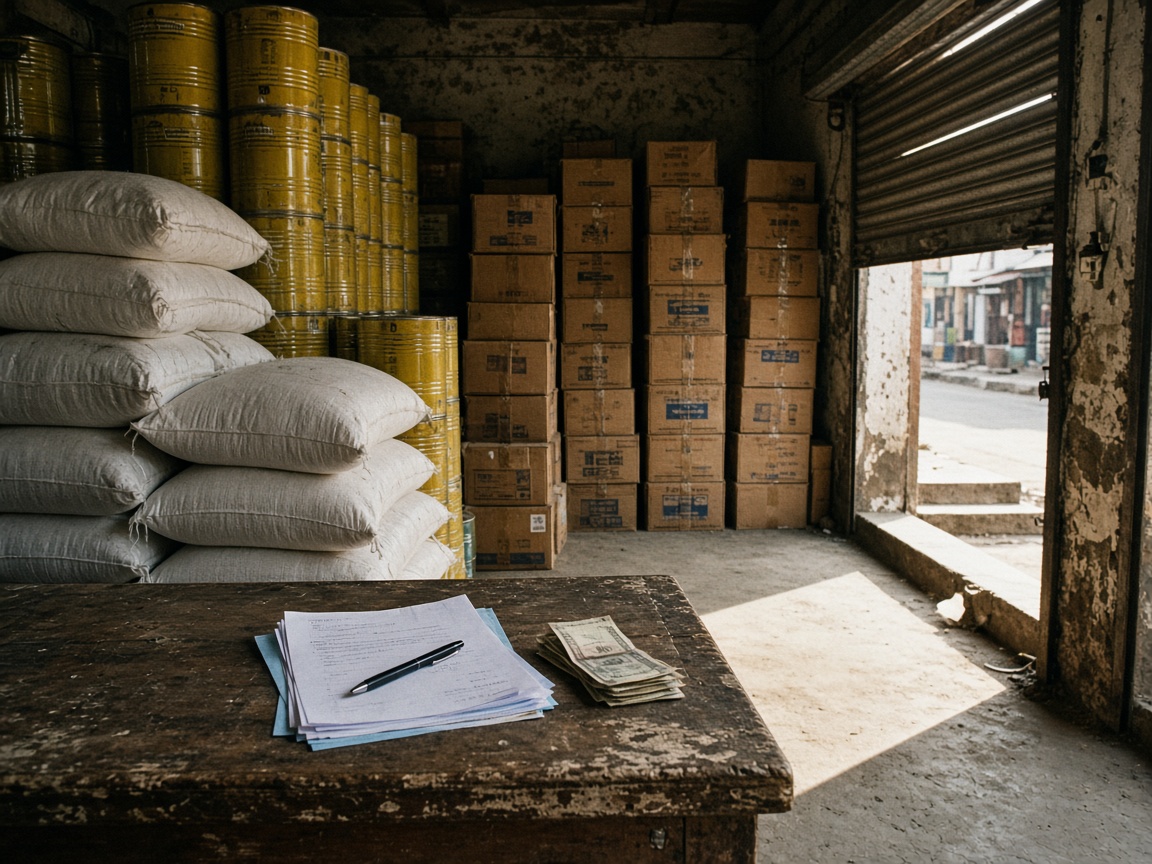 A wholesale counter with an invoice, cash, rice sacks, oil tins, and cartons.