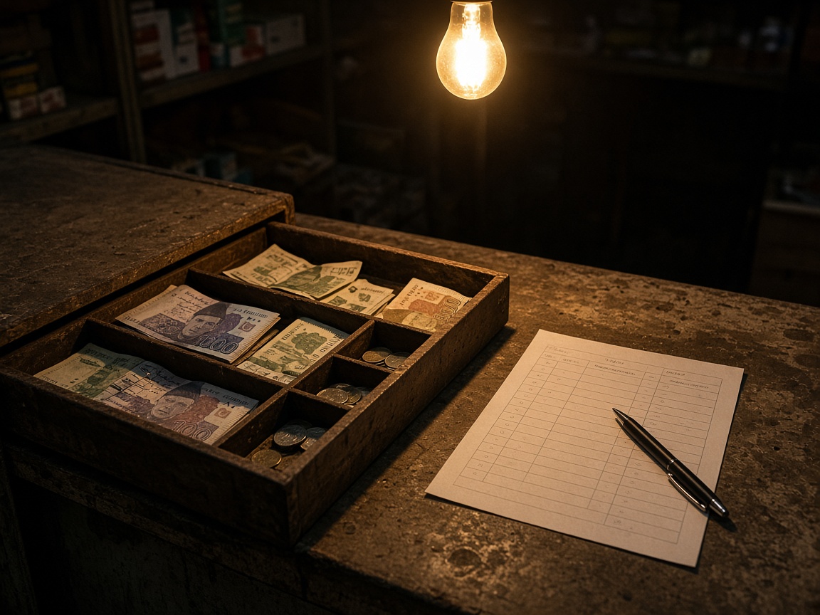 Rupee notes in a cash drawer beside a tally sheet, under a single bulb.