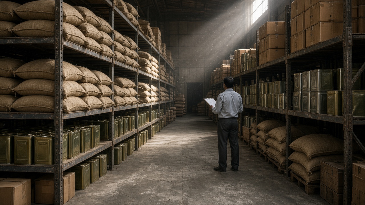 A person counting sacks and tins in a wholesale godown.