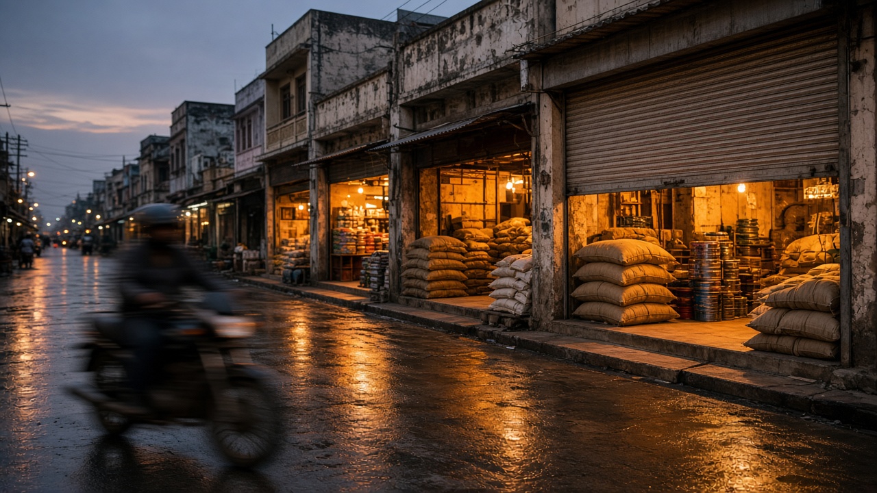 Wholesale shops at dusk, shutters half down, sacks and tins stacked in the light.